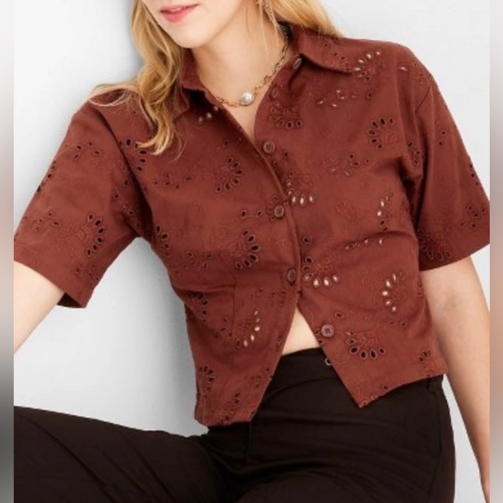 Rust COLOR SHORT SLEEVE FLORAL EYELET BLOUSE by Future Collective WOMEN XS